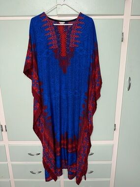 Sante Classics Blue & Red Kaftan Maxi Dress absolutely stunning V-Neck Free size